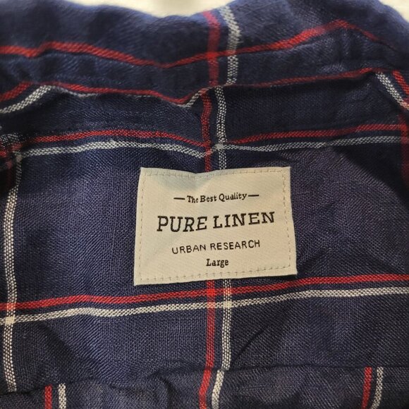 Mens Pure Linen Urban Research Shirt Large Blue Plaid Grid Button Up - Picture 2 of 7